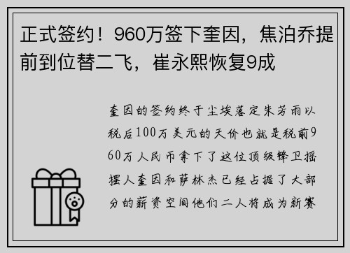 正式签约！960万签下奎因，焦泊乔提前到位替二飞，崔永熙恢复9成