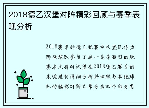 2018德乙汉堡对阵精彩回顾与赛季表现分析